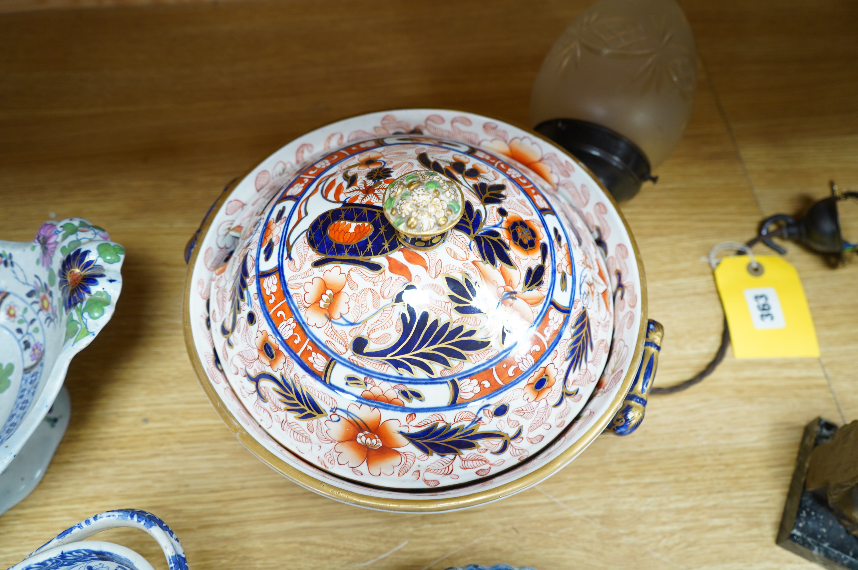 A Spode blue and white oval basket, a Spode two-handled pedestal dish, a Caughley Fisherman pattern saucer dish and two other items, largest 38cm wide. Condition - varies